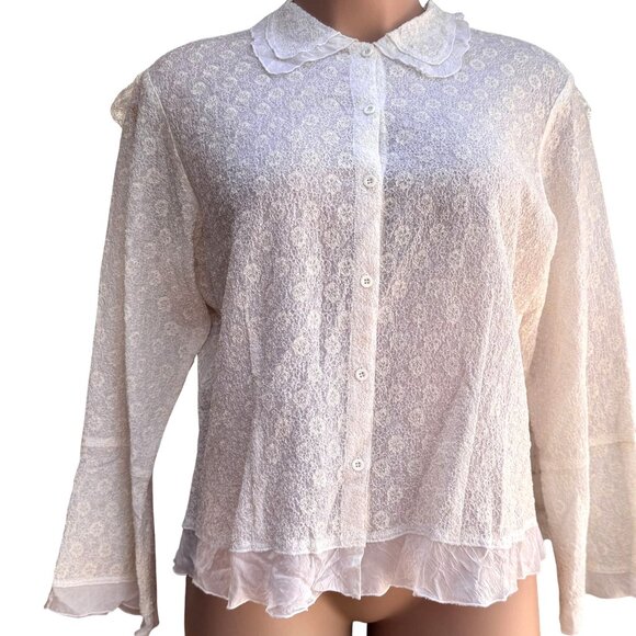 J.Jill Textured Lace Button-Up Blouse Size‎ 2X White Ivory Sheer Ruffled Hem NEW - Picture 2 of 15